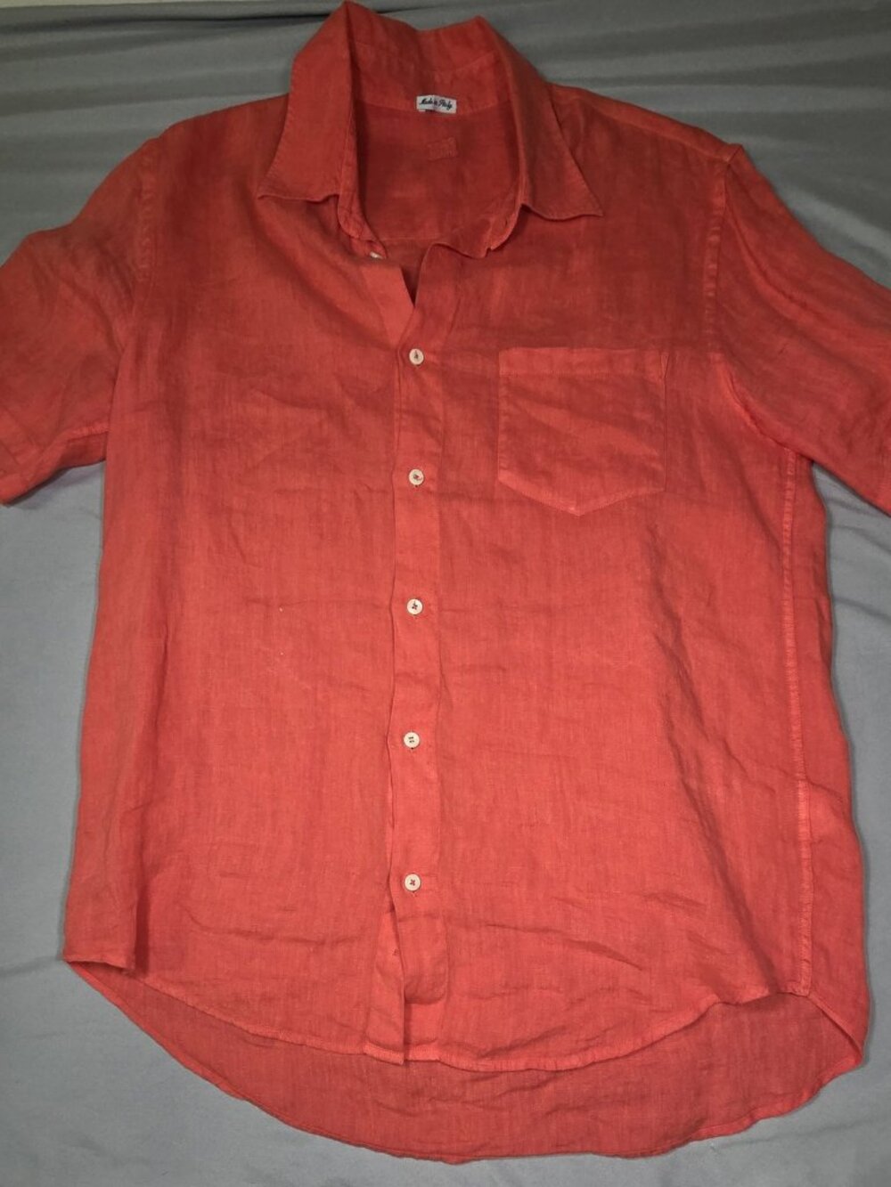120% Lino Coral 100% Linen Short Sleeve Button Up Shirt Italy Mens L